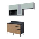 Ver imagem 2 de Cozinha Modulada Esmeralda Aéreo e Balcão 200cm Porta Vidro Cor:lunar com Freijó e Verde Mar