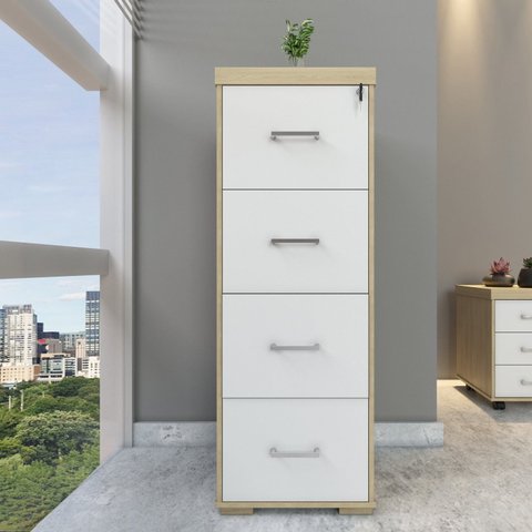 Gaveteiro Alto Arquivo para Pasta Suspensa com Chave, para Escritório e Recepção Carvalho/Branco