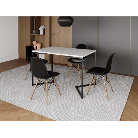 Mesa Industrial Base Ferro Preto em V Tampo 137x90 Branco 4 Cadeiras Eames Madeira Assento Preto