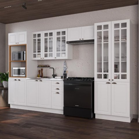 Armário de Cozinha Modulada Completa Fidelitá Nara 100% MDF 5 Peças 350cm 16 Portas 2 Gavetas sem