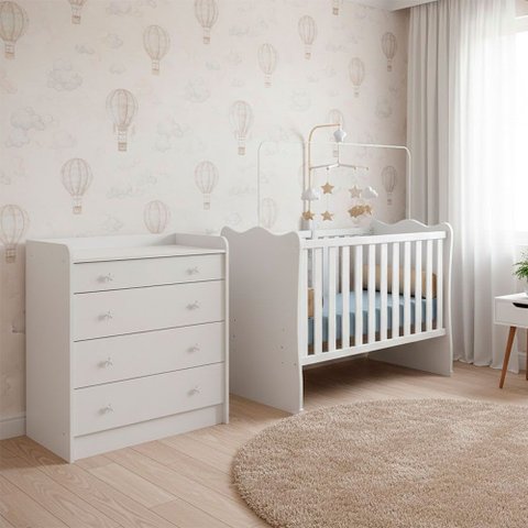 Quarto de Bebe Infantil Doce Sonho Berço e Cômoda com Trocador 4 Gavetas Qmovi