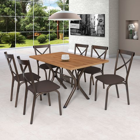 Conjunto Sala de Jantar Mesa 136x80cm Tampo MDF/MDP com 6 Cadeiras Karina Marrom/Bronze/Linho