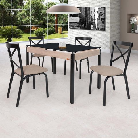 Conjunto Sala de Jantar Mesa 120x75cm Tampo Vidro com 4 Cadeiras Karina Bege/Preto/Linho