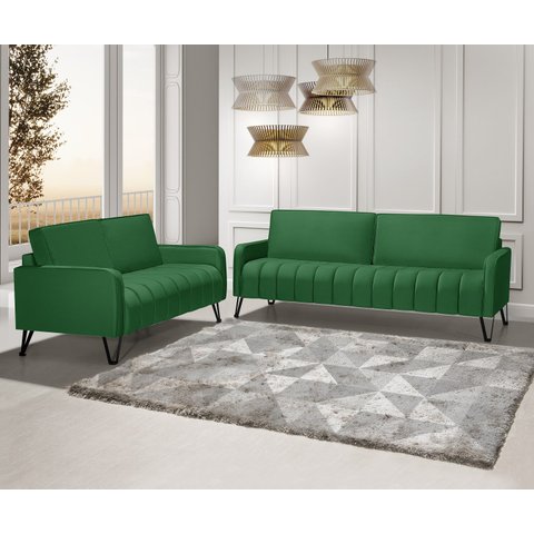 Sofá Living 3 e 2 Lugares Savana - 2,20/1,58mts Com Pé de Ferro Preto - Veludo Verde0