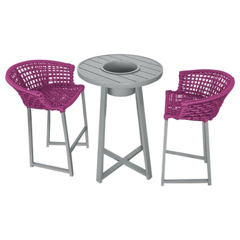 Conjunto Bistrô Champanheira Cinza Tampo Ripado e 2 Banquetas Reis Corda Náutica Rosa
