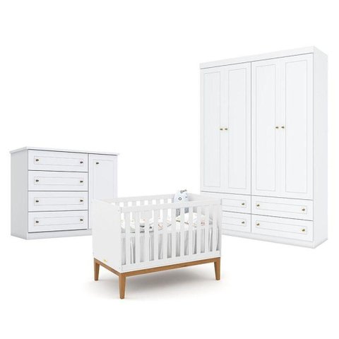 Quarto de Bebê Americano 4 Portas Com berço Americano Unique Branco Soft Eco Wood - Matic - Henn