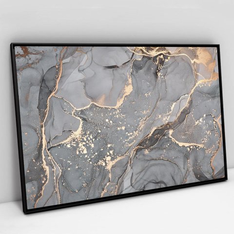 Quadro Decorativo em Canvas Abstrato Mármore Cinza Perolado TaColado Moldura Flutuante 4,5cm Preta 1