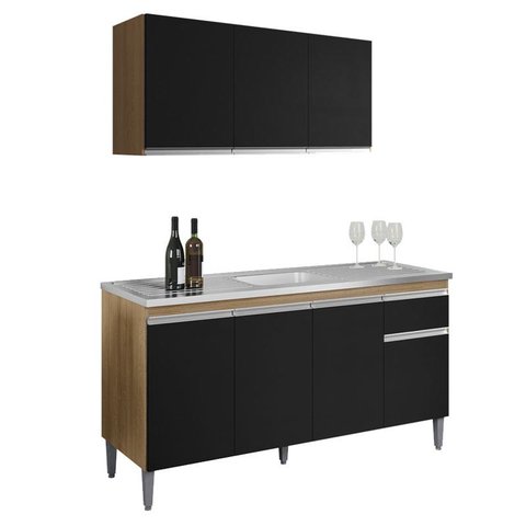 Balcão de Pia Tatiane 145 Cm e Armário Aéreo Andreia 3 Portas 120 Cm Amêndoa Preto – Ajl