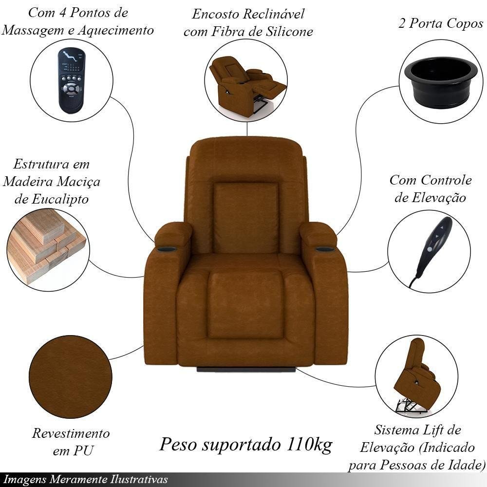 Poltrona do Papai Reclinável Crihs Lift com Massagem e Aquecimento Pu Whisky G23 - Gran Belo - 7