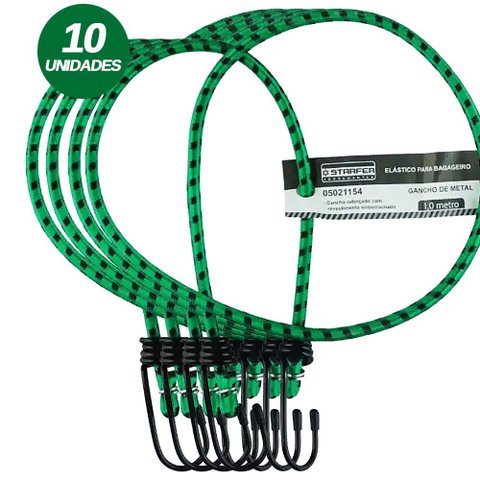 Kit 10 Un Elástico Bagageiro com Gancho Metal Starfer Verde e Preto 1,0m