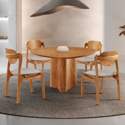 Conjunto Mesa de Jantar Helena Tampo Organico Laminado 4 Cadeiras Celeste Gold Natural Quartzo/Imbuia Marrom