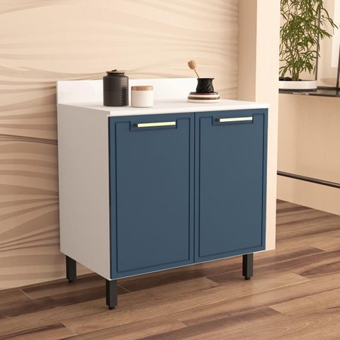 Balcão de Cozinha Amara 80x92,5cm com Prateleira e 2 Portas Branco/Azul 250019