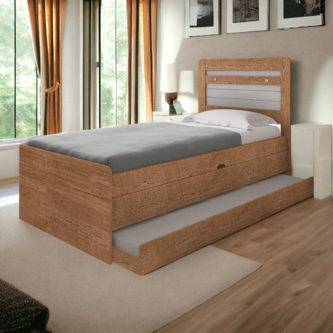 Cama Baú Larissa Solteiro Naturale e Off com Auxiliar e 02 Colchões Framar
