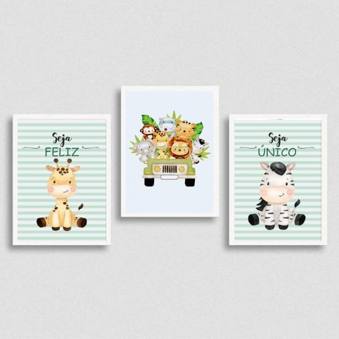 Kit 3 Quadros Tema Safari Infantil Seja Feliz 24x18cm - com Vidro:madeira Preta