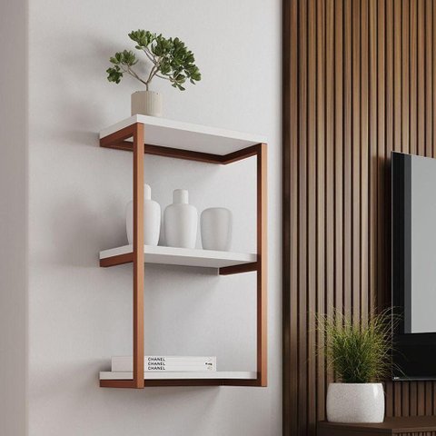 Nicho de Parede 3 Prateleiras Cobre e Branco Marrom