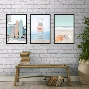 Kit 3 Quadros Decorativos Fotografias Praia relax 45x34cm:madeira Branca