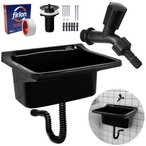 Tanque de Plástico 40l para Lavanderia Preto + Sifão Universal Sanfonado + Fita Veda Rosca + Torneir