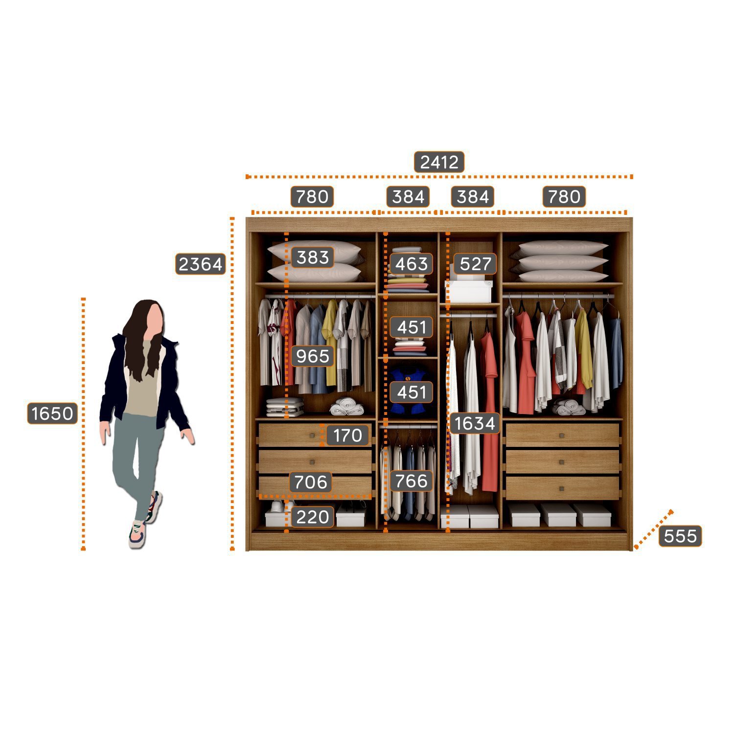 Guarda Roupa Casal com Espelho 2 Portas 6 Gavetas Egeu     - 4