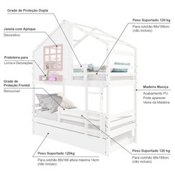 Treliche Casinha com Janela com Grade de Proteção Madeira Maciça Branco/ Rosa Housin - 4