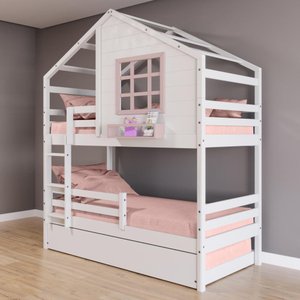Treliche Casinha com Janela com Grade de Proteção Madeira Maciça Branco/ Rosa Housin