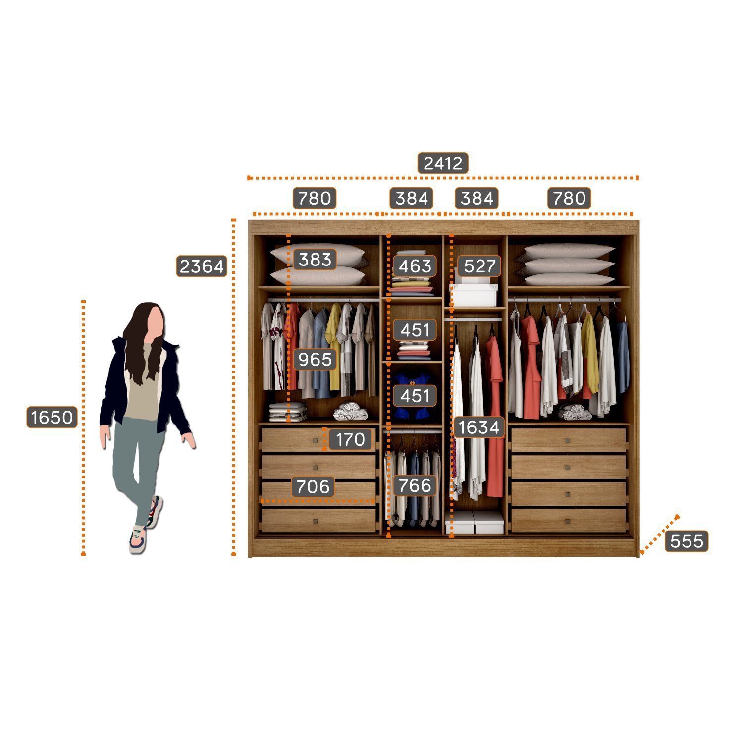 Guarda Roupa Casal com Espelho 2 Portas 8 Gavetas Egeu     - 4