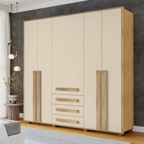 Guarda-Roupa Casal 5 Portas 3 Gavetas Las Vegas Bege/Cinamomo/Ofwhite