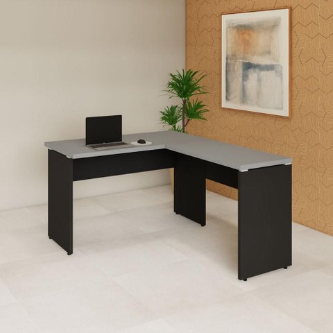 Mesa Escrivaninha 120cm em L Tampo 30mm Pés Painel F5 Office Cor:Cinza Sagrado com Preto
