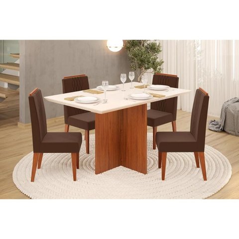 Sala de Jantar Completa Hera C/ Tampo Madeirado C/ Vidro Reto 120x90cm e 4 Cadeiras Lia Freijo/off