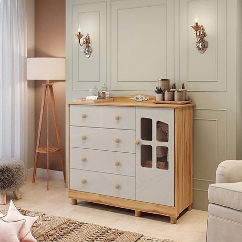Cômoda de Bebê 1 Porta com Janela e 4 Gavetas 120cm 100% MDF Maya Clássico Espresso Móveis Bege/Off White/Amêndoa