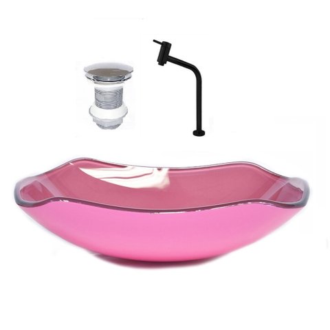 CUBA DE VIDRO ABAULADA 45CM ROSA + VALVULA + TORNEIRA PRETA