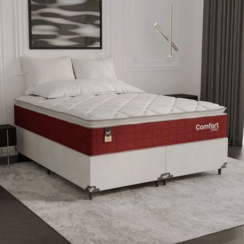 Cama Box Queen + Colchão Comfort Class Pillow Top 158x198cm Vinho/suede Branco