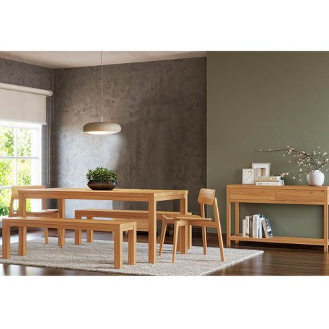 Conjunto Sala Jantar Nature: Aparador, Mesa, Banco e Cadeiras Rústico Claro Madeira Pinus