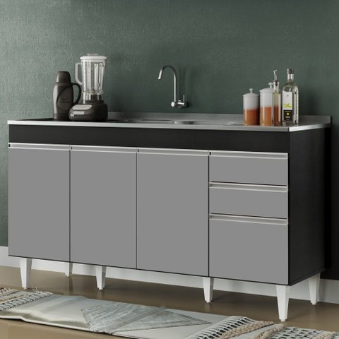 Balcão Gabinete com Pia Inox 150cm Marrocos Preto/cinza - Lumil Lumil Móveis