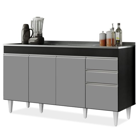 Balcão Gabinete com Pia Inox 150cm Marrocos Preto/cinza - Lumil Lumil Móveis