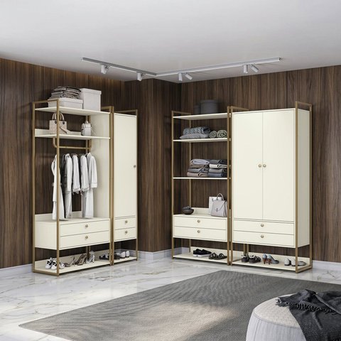 Kit Dormitorio 3 Portas 8 Gavetas e 3 Cabideiro Industrial Branco/Off White/Dourado