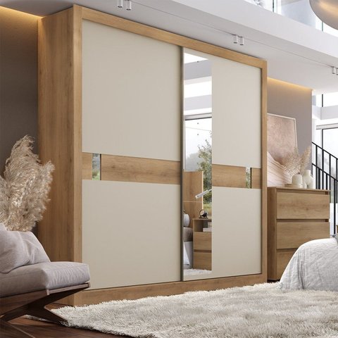 Guarda-Roupa Casal 2 Portas de Correr 4 Gavetas com Espelho 230x227x58cm Copenhagen Yescasa Capuccino/Off White
