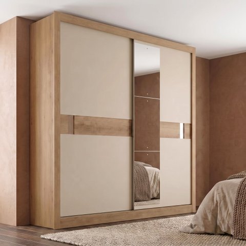 Guarda-Roupa Casal com Espelho 2 Portas de Correr 4 Gavetas 230cm Copenhagen Yescasa Cappuccino/Off White