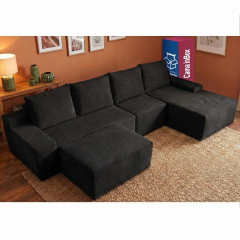 Sofá Evo 3,40m Molas Ensacadas com Apoio Chaise Lounge Direita Velourê Preto Cama Inbox