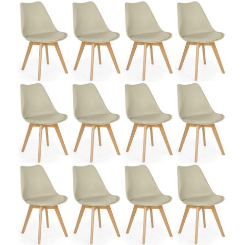 Conjunto 12 Cadeiras de Jantar Eames Wood Leda Design Estofada - Nude