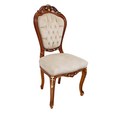 Cadeira Madeira Marrom Trabalhada Tecido Claro com Capitonê