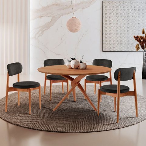 Sala de Jantar Mesa Ballare 120cm Tampo Redondo com 4 Cadeiras Ballare Soft