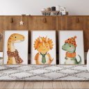 Ver imagem 1 de Kit 3 Quadros Decorativos Infantil - Dino Brincalhão NO2 - 30x40 - Moldura Madeira