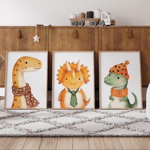Kit 3 Quadros Decorativos Infantil - Dino Brincalhão NO2 - 30x40 - Moldura Madeira