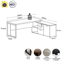 Mesa de Escritório Diretor em L Industrial 170cm Pés Metal - 2