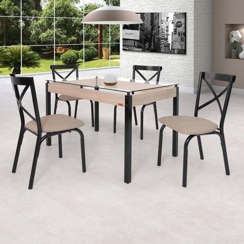 Conjunto Sala de Jantar Mesa 120x75cm Tampo Vidro com 4 Cadeiras Karina Bege/Preto/Linho