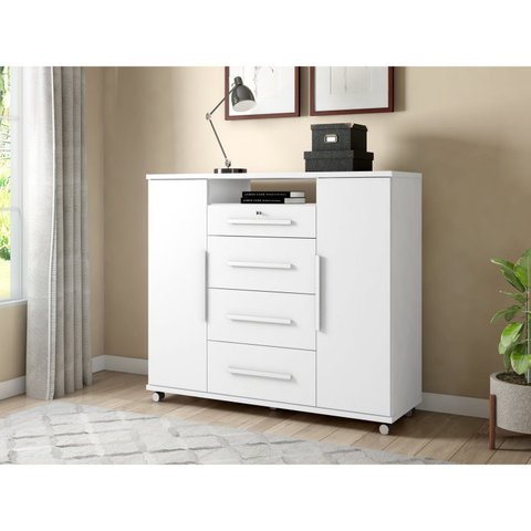 Cômoda Sapateira Versátil 2 Portas 4 Gavetas Branco