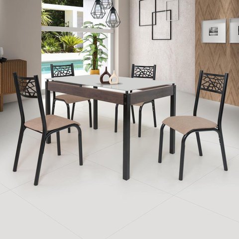 Conjunto Sala de Jantar Mesa Jade 120x75cm Tampo Vidro com 4 Cadeiras Marrom/Preto/Linho Bege