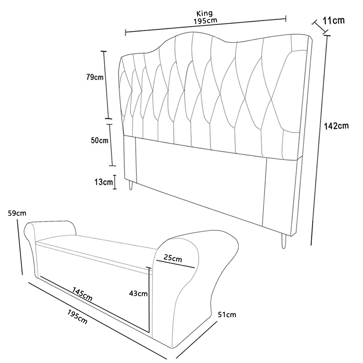 Conjunto Cabeceira King Casal e Recamier Baú 195cm Calçadeira Estofado:suede Bege Escuro - 3