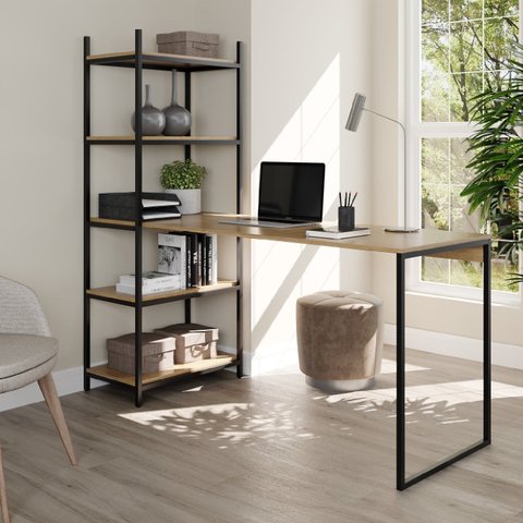 Escrivaninha Mesa Escritório com Estante Alice 5 Prateleiras 120cm Industrial Preto Fosco e Madeirado Elmo
