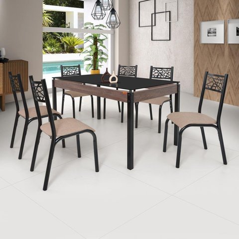 Conjunto Sala de Jantar Mesa Jade 140x80cm Tampo Vidro com 6 Cadeiras Bege/Preto/Linho